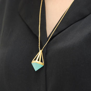 Aqua Chalcedony Pyramid Gold Vermeil Pendant Necklace
