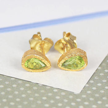 Peridot Teardrop Gold August Birthstone Stud Earrings