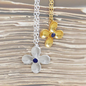 Blue Sapphire Birthstone Flower Gold Silver Necklace