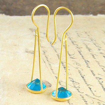 Blue Topaz Crystal Long Drop Gold Earrings