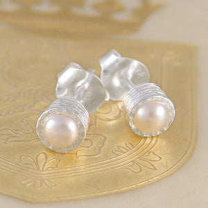 
            
                Load image into Gallery viewer, Round June Birthstone Silver Pearl Stud Earrings
            
        