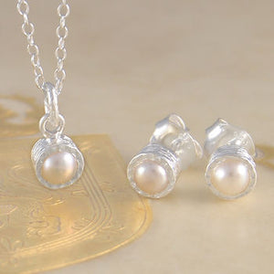 White Pearl June Birthstone Sterling Silver Stud Earrings and Necklace Jewellery Set