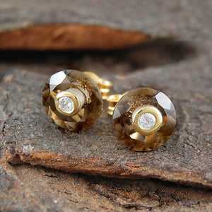 
            
                Load image into Gallery viewer, Double Set Stone Smokey Quartz Gold Studs
            
        