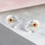 Double White Topaz Birthstone Ruby Gold Stud Earrings