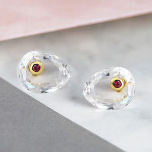 
            
                Load image into Gallery viewer, Double White Topaz Birthstone Ruby Gold Stud Earrings
            
        