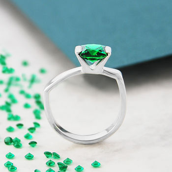 Emerald Birthstone Geometric Faceted Silver Ring