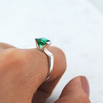 Emerald Birthstone Geometric Faceted Silver Ring