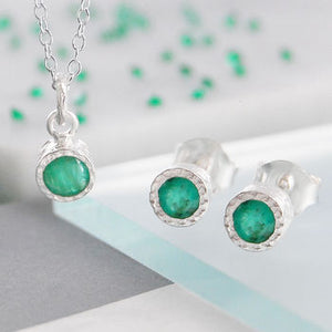 Fine Emerald Birthstone Silver Jewellery Set