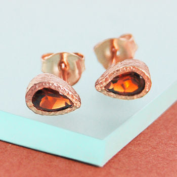 Garnet Teardrop Rose Gold January Birthstone Stud Earrings
