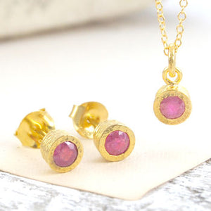 Pink Ruby Gold July Birthstone Stud Earrings and Pendant Necklace Jewellery Set