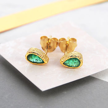 Genuine Emerald Birthstone Teardrop Gold Earrings