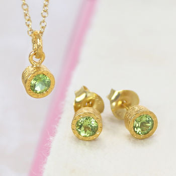 Peridot Gold August Birthstone Stud Earrings and Necklace Set
