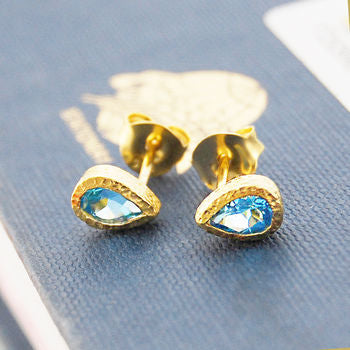 Blue Topaz Teardrop Gold November Birthstone Stud Earrings