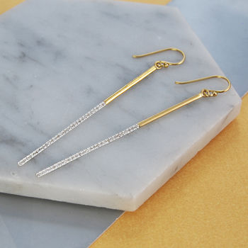 
            
                Load image into Gallery viewer, Gold Long Bar Topaz Birthstone Drop Statement Earrings
            
        