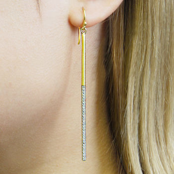 
            
                Load image into Gallery viewer, Gold Long Bar Topaz Birthstone Drop Statement Earrings
            
        