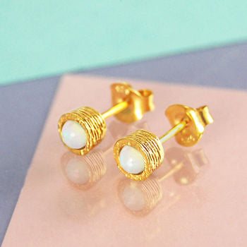 Opal October Birthstone Gold Stud Earrings