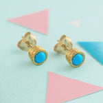 Gold Round Turquoise Birthstone Textured Earrings