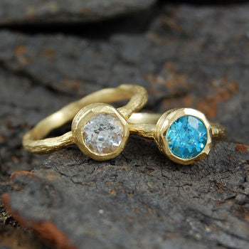 Gold Textured Blue Topaz Solitaire Stacking Ring