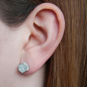 Silver Hexagonal Pave Topaz Birthstone Earrings