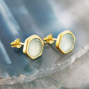Aqua Chalcedony Round Gold Stud Earrings