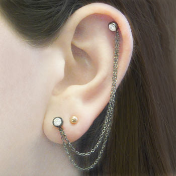 Silver Double White Topaz Chain Ear Cuff Earrings