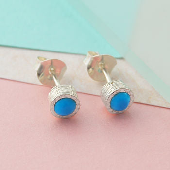 Sterling Silver Studs Round Blue Turquoise Earrings