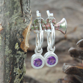 
            
                Load image into Gallery viewer, Sterling Silver Round Amethyst Purple Hoop Earrings
            
        