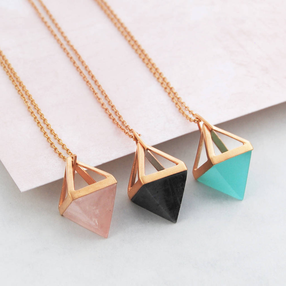 Geometric Pyramid Rose Gold Multi Gemstone Necklace