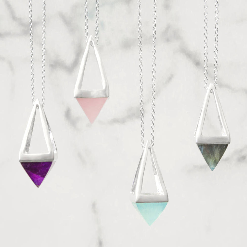 
            
                Load image into Gallery viewer, Geometric Silver Multi Gemstone Pyramid Necklace
            
        