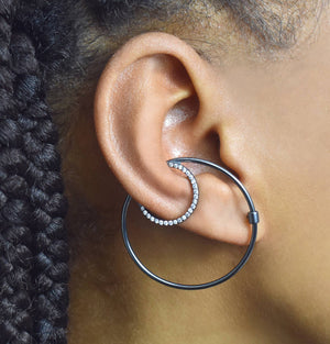 Oxidised Silver White Topaz Hoop Ear Cuff Earrings