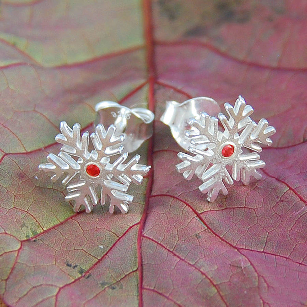 Silver Snowflake Red Sapphire Earrings