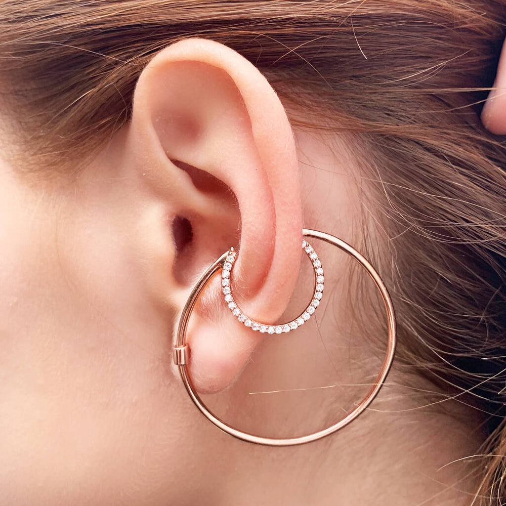 Rose Gold Ear Cuff White Topaz Statement Stud Earrings