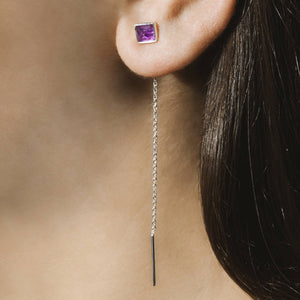 
            
                Load image into Gallery viewer, Amethyst February Birthstone Silver Chain Threader Earrings
            
        