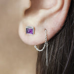 Amethyst February Birthstone Silver Chain Threader Earrings