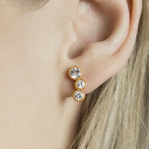 White Topaz Three Stone Rose Gold November Birthstone Stud Earrings