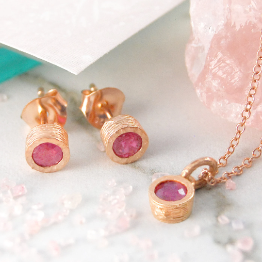 Pink Ruby Rose Gold July Birthstone Stud Earrings and Pendant Necklace Jewellery Set