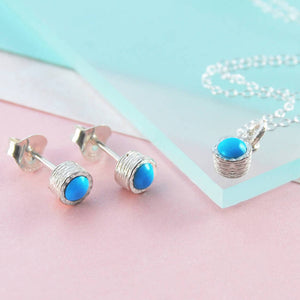 Turquoise Sterling Silver December Birthstone Stud earrings and Necklace Jewellery Set