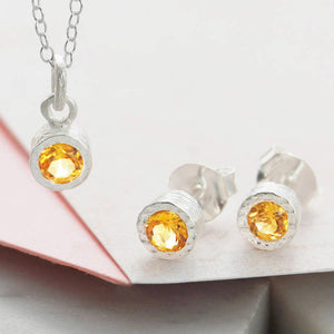 Citrine Sterling Silver November Birthstone Stud Earrings and Necklace Jewellery Set