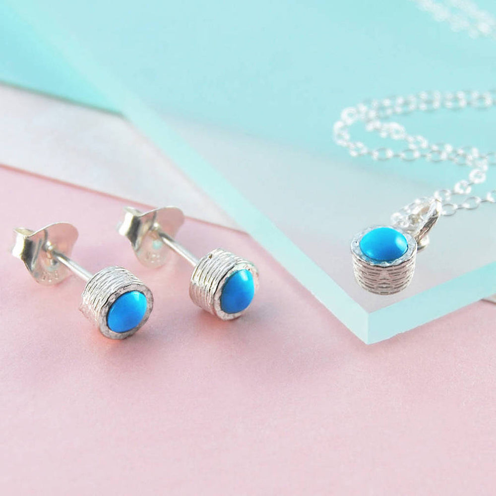 Turquoise Sterling Silver December Birthstone Pendant Necklace and Stud Earrings Jewellery Set