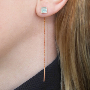 Aqua Chalcedony Rose Gold Chain Threader Earrings