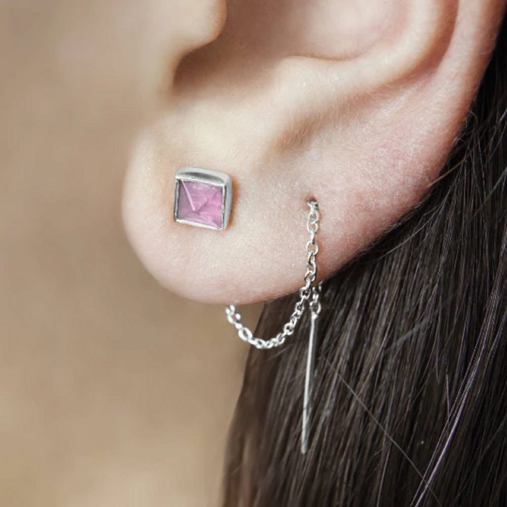 Amethyst February Birthstone Sterling Silver Chain Threader Earrings