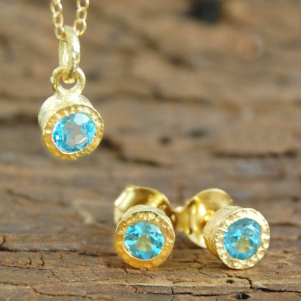 Blue Topaz Gold November Birthstone Stud Earrings and Necklace Jewellery Set