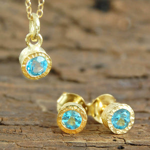 Blue Topaz Rose Gold November Birthstone Pendant Necklace and Stud Earrings Jewellery Set